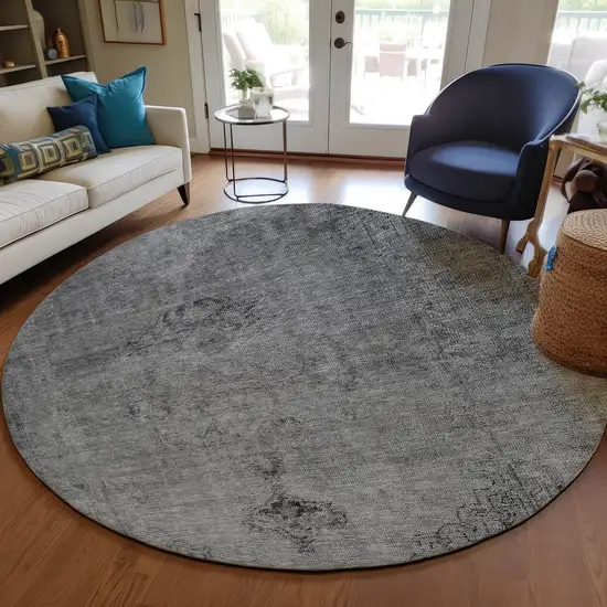 8' Gray Silver And Charcoal Round Oriental Washable Indoor Outdoor Area Rug Photo 8