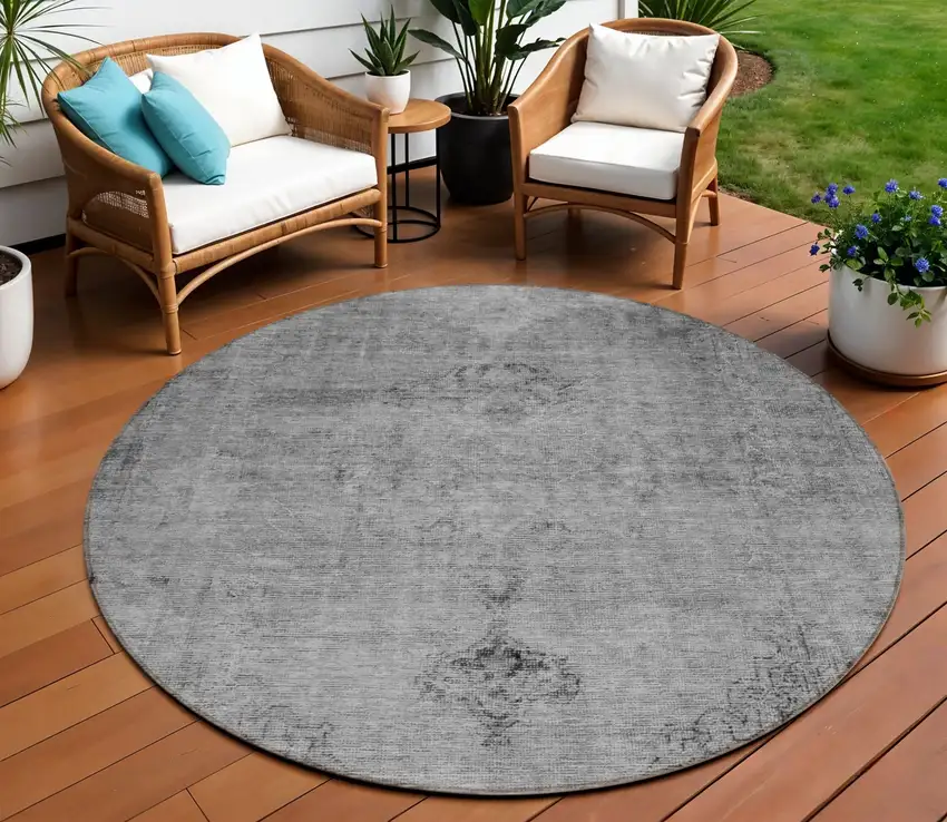 8' Gray Silver And Charcoal Round Oriental Washable Indoor Outdoor Area Rug Photo 1