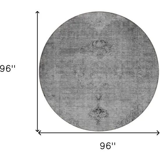 8' Gray Silver And Charcoal Round Oriental Washable Indoor Outdoor Area Rug Photo 3