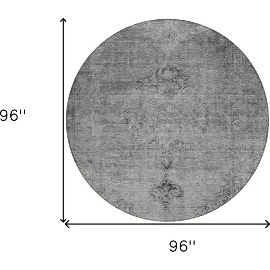 8' Gray Silver And Charcoal Round Oriental Washable Indoor Outdoor Area Rug Photo 3
