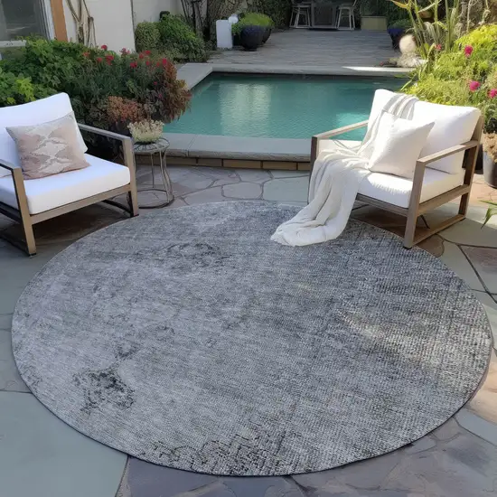 8' Gray Silver And Charcoal Round Oriental Washable Indoor Outdoor Area Rug Photo 7