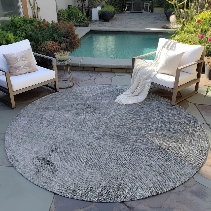 8' Gray Silver And Charcoal Round Oriental Washable Indoor Outdoor Area Rug Photo 7
