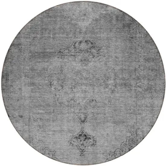 8' Gray Silver And Charcoal Round Oriental Washable Indoor Outdoor Area Rug Photo 2