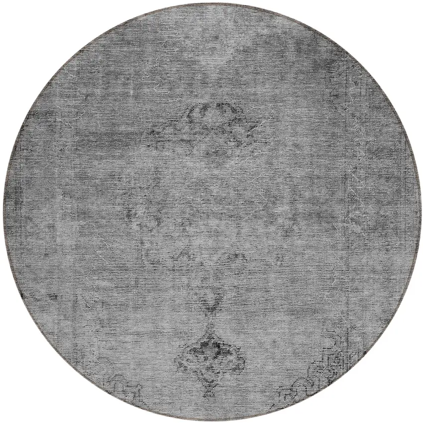 8' Gray Silver And Charcoal Round Oriental Washable Indoor Outdoor Area Rug Photo 2