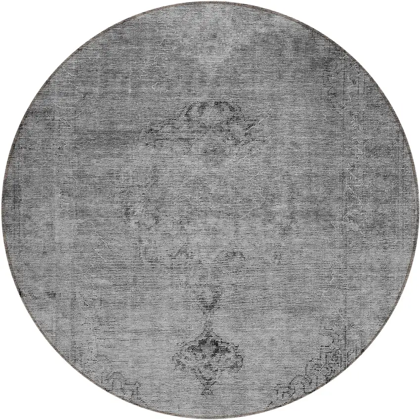 8' Gray Silver And Charcoal Round Oriental Washable Indoor Outdoor Area Rug Photo 2