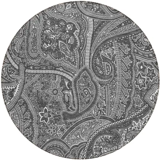 8' Gray Silver And Charcoal Round Paisley Washable Indoor Outdoor Area Rug Photo 2