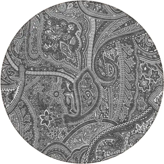 8' Gray Silver And Charcoal Round Paisley Washable Indoor Outdoor Area Rug Photo 2