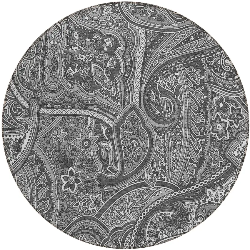 8' Gray Silver And Charcoal Round Paisley Washable Indoor Outdoor Area Rug Photo 2
