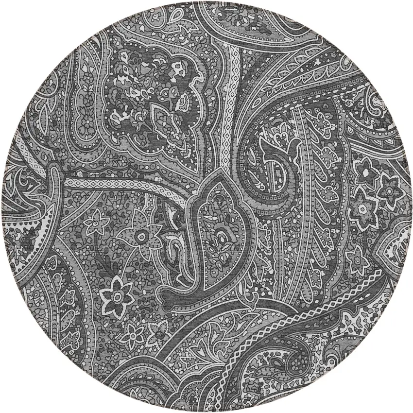 8' Gray Silver And Charcoal Round Paisley Washable Indoor Outdoor Area Rug Photo 2