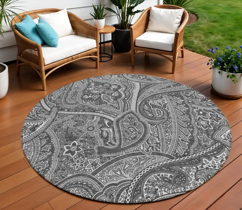 8' Gray Silver And Charcoal Round Paisley Washable Indoor Outdoor Area Rug Photo 1
