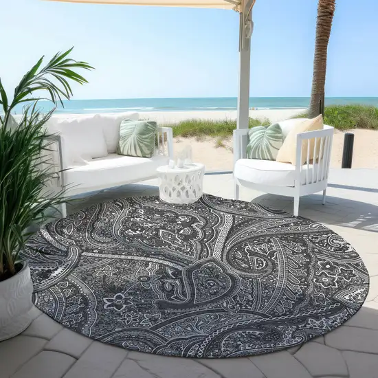 8' Gray Silver And Charcoal Round Paisley Washable Indoor Outdoor Area Rug Photo 6