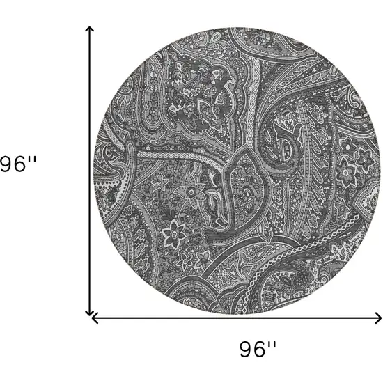 8' Gray Silver And Charcoal Round Paisley Washable Indoor Outdoor Area Rug Photo 3