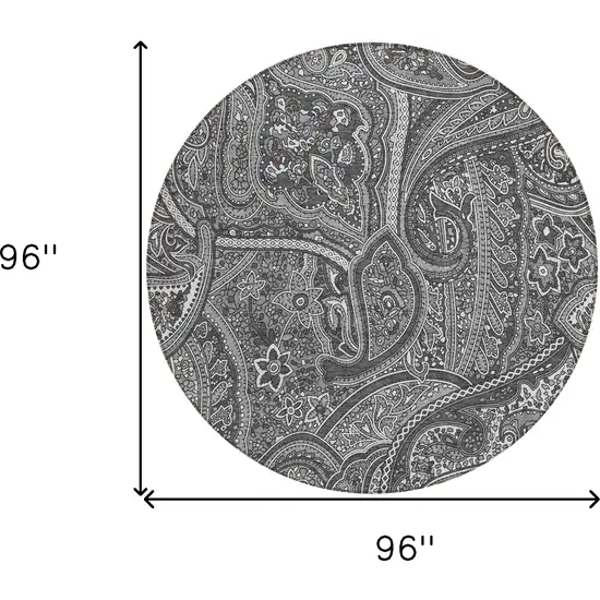 8' Gray Silver And Charcoal Round Paisley Washable Indoor Outdoor Area Rug Photo 3