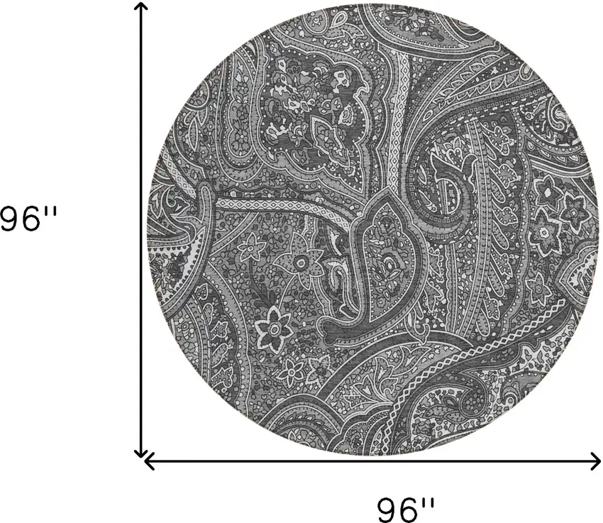 8' Gray Silver And Charcoal Round Paisley Washable Indoor Outdoor Area Rug Photo 3