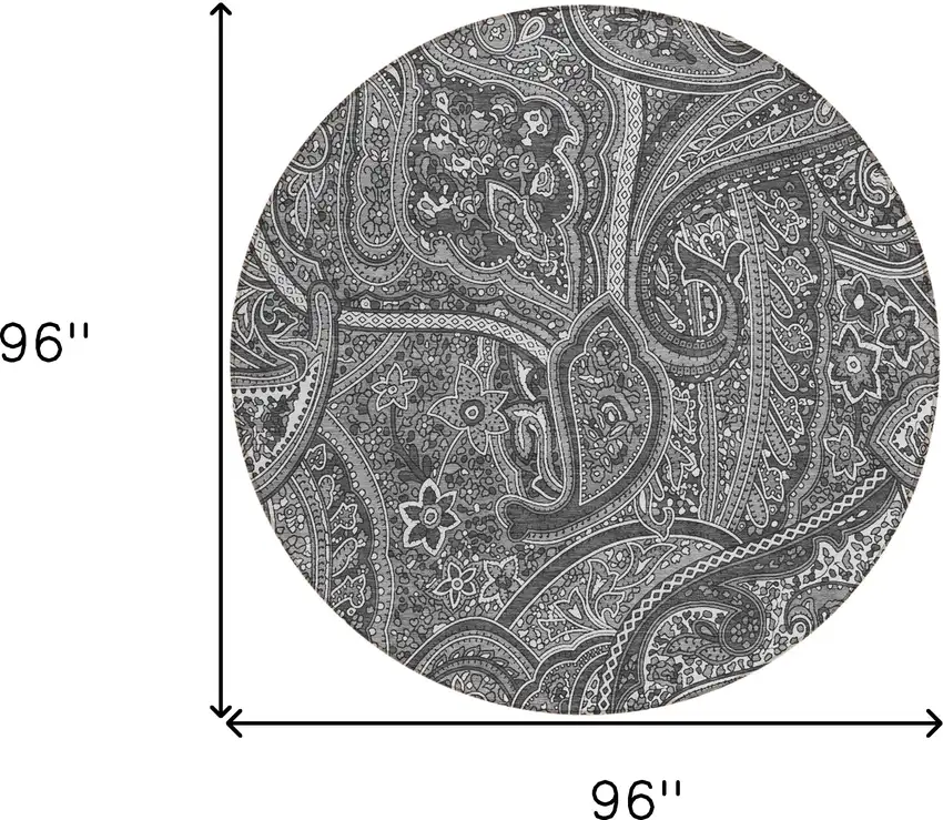 8' Gray Silver And Charcoal Round Paisley Washable Indoor Outdoor Area Rug Photo 3