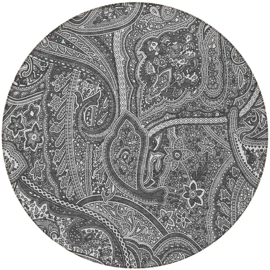 8' Gray Silver And Charcoal Round Paisley Washable Indoor Outdoor Area Rug Photo 5