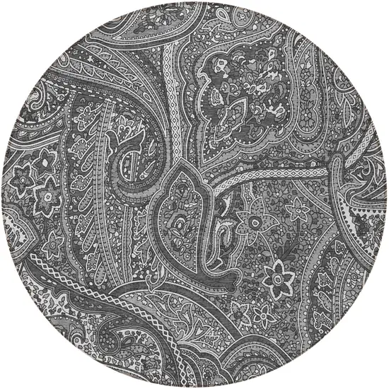 8' Gray Silver And Charcoal Round Paisley Washable Indoor Outdoor Area Rug Photo 5