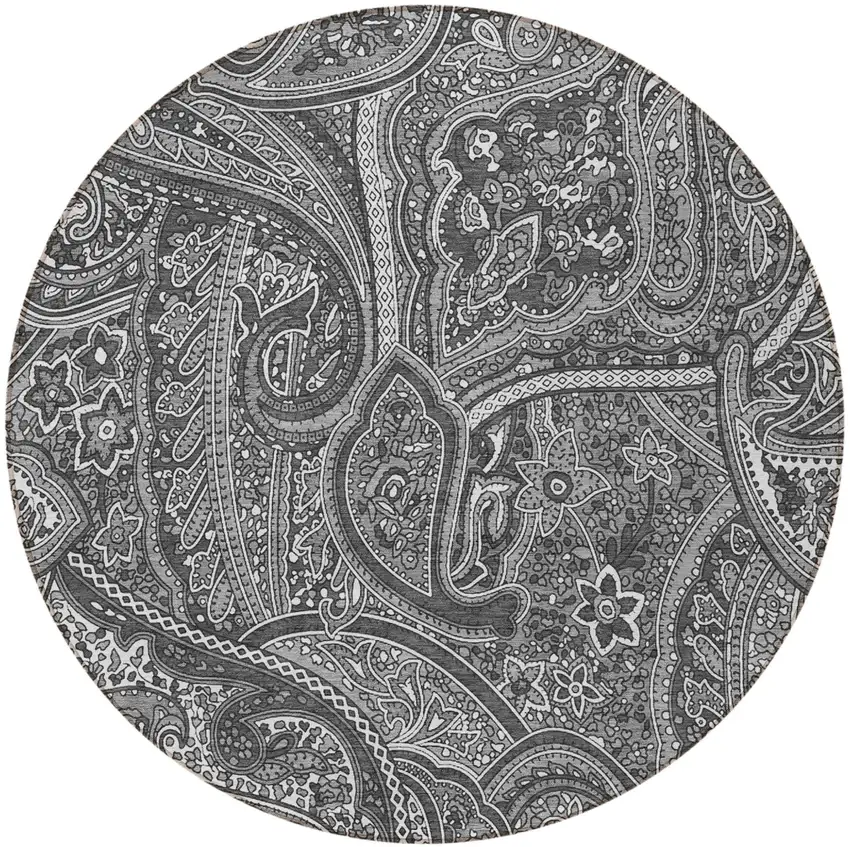 8' Gray Silver And Charcoal Round Paisley Washable Indoor Outdoor Area Rug Photo 5