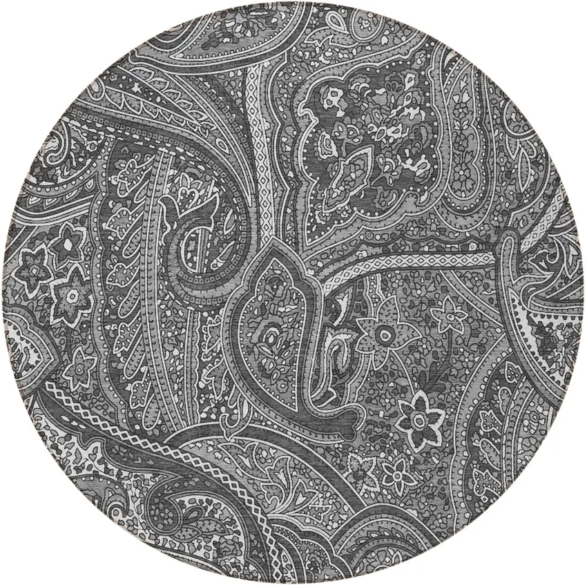 8' Gray Silver And Charcoal Round Paisley Washable Indoor Outdoor Area Rug Photo 5