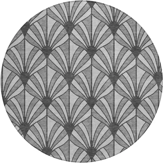 8' Gray Silver And Charcoal Round Seashell Washable Indoor Outdoor Area Rug Photo 1