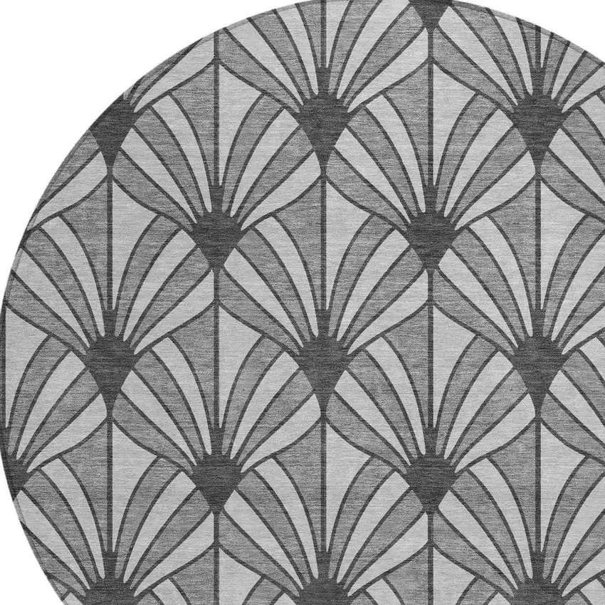 8' Gray Silver And Charcoal Round Seashell Washable Indoor Outdoor Area Rug Photo 2