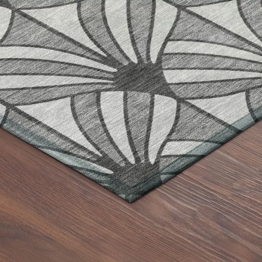 8' Gray Silver And Charcoal Round Seashell Washable Indoor Outdoor Area Rug Photo 8