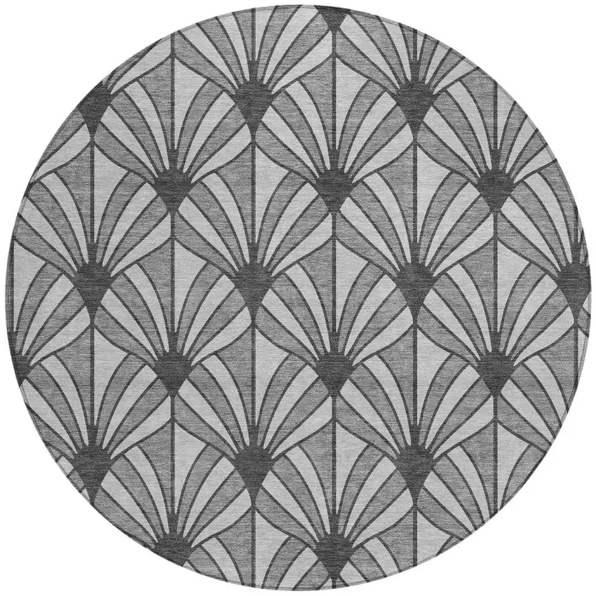 8' Gray Silver And Charcoal Round Seashell Washable Indoor Outdoor Area Rug Photo 3
