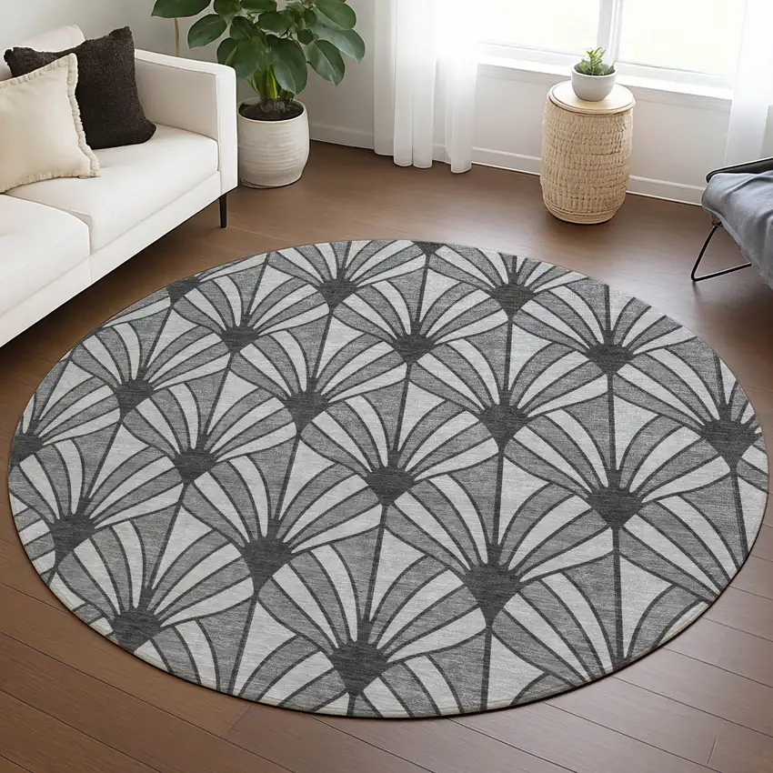 8' Gray Silver And Charcoal Round Seashell Washable Indoor Outdoor Area Rug Photo 5