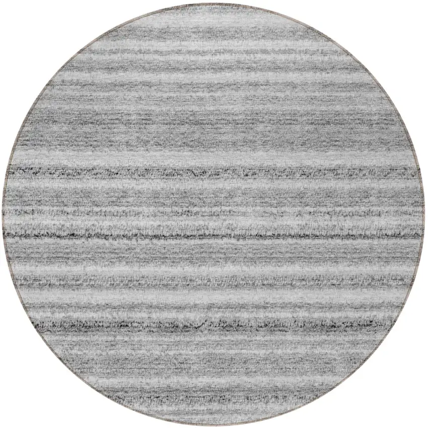 8' Gray Silver And Charcoal Round Striped Washable Indoor Outdoor Area Rug Photo 5
