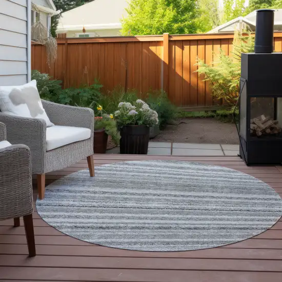 8' Gray Silver And Charcoal Round Striped Washable Indoor Outdoor Area Rug Photo 6