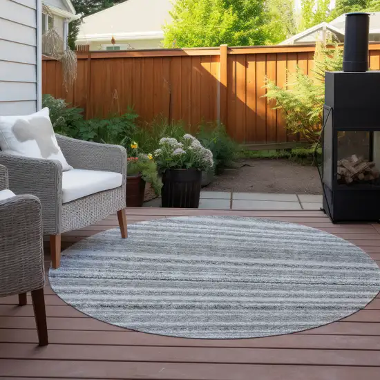8' Gray Silver And Charcoal Round Striped Washable Indoor Outdoor Area Rug Photo 6
