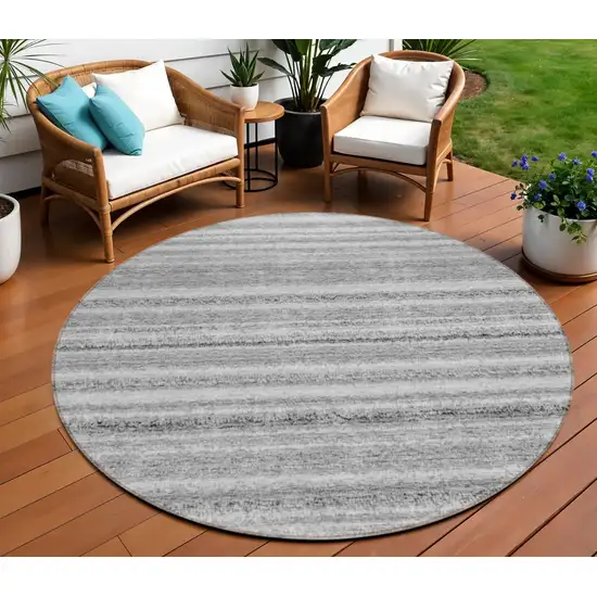 8' Gray Silver And Charcoal Round Striped Washable Indoor Outdoor Area Rug Photo 1