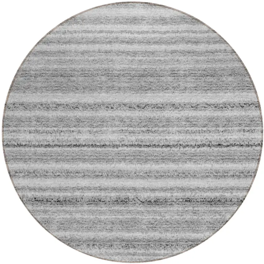 8' Gray Silver And Charcoal Round Striped Washable Indoor Outdoor Area Rug Photo 2