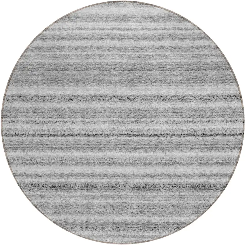 8' Gray Silver And Charcoal Round Striped Washable Indoor Outdoor Area Rug Photo 2