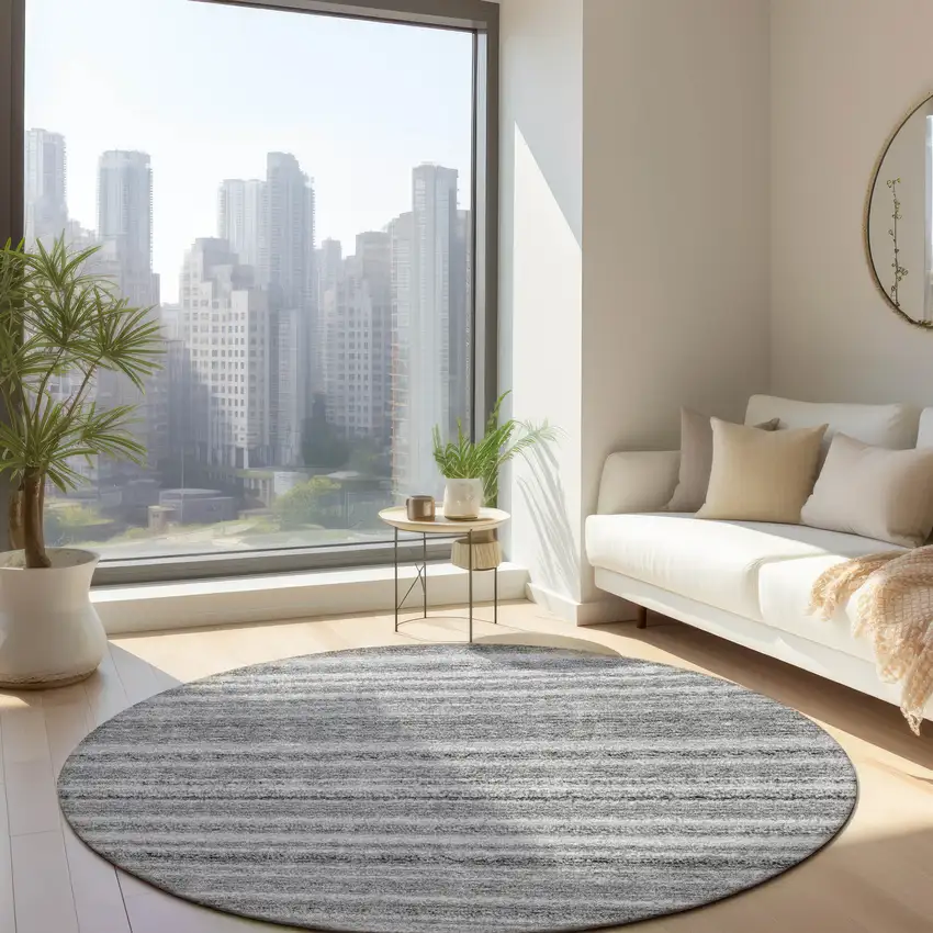 8' Gray Silver And Charcoal Round Striped Washable Indoor Outdoor Area Rug Photo 7