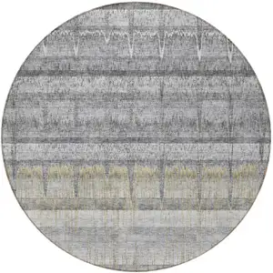 Photo of 8' Gray Silver And Charcoal Round Striped Washable Indoor Outdoor Area Rug