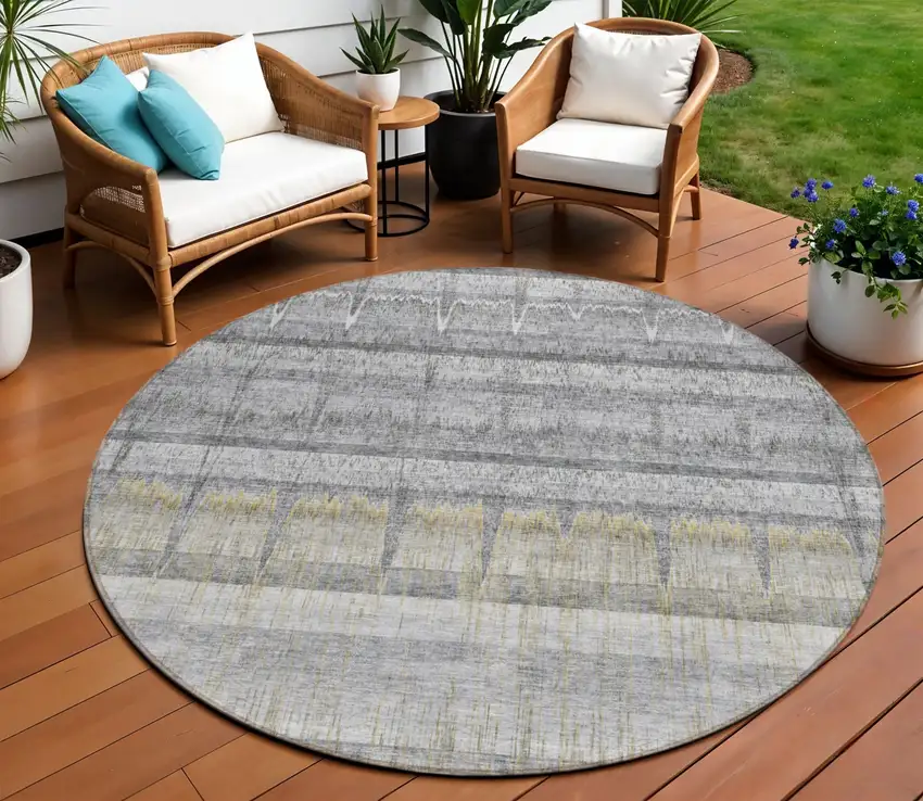 8' Gray Silver And Charcoal Round Striped Washable Indoor Outdoor Area Rug Photo 1