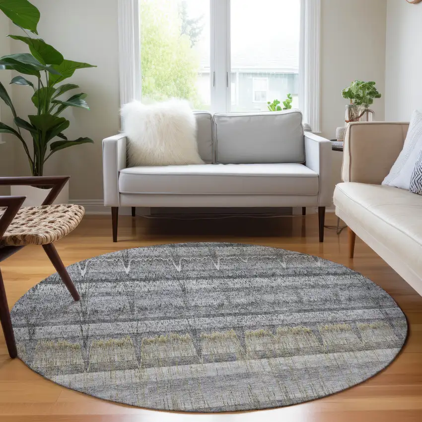 8' Gray Silver And Charcoal Round Striped Washable Indoor Outdoor Area Rug Photo 6