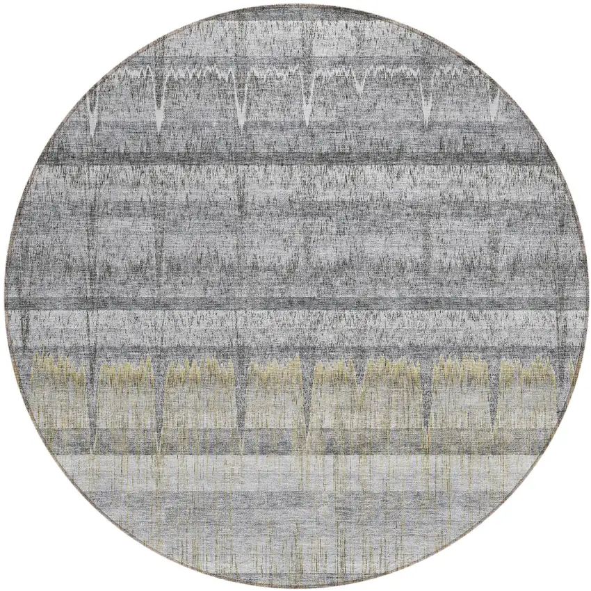 8' Gray Silver And Charcoal Round Striped Washable Indoor Outdoor Area Rug Photo 1