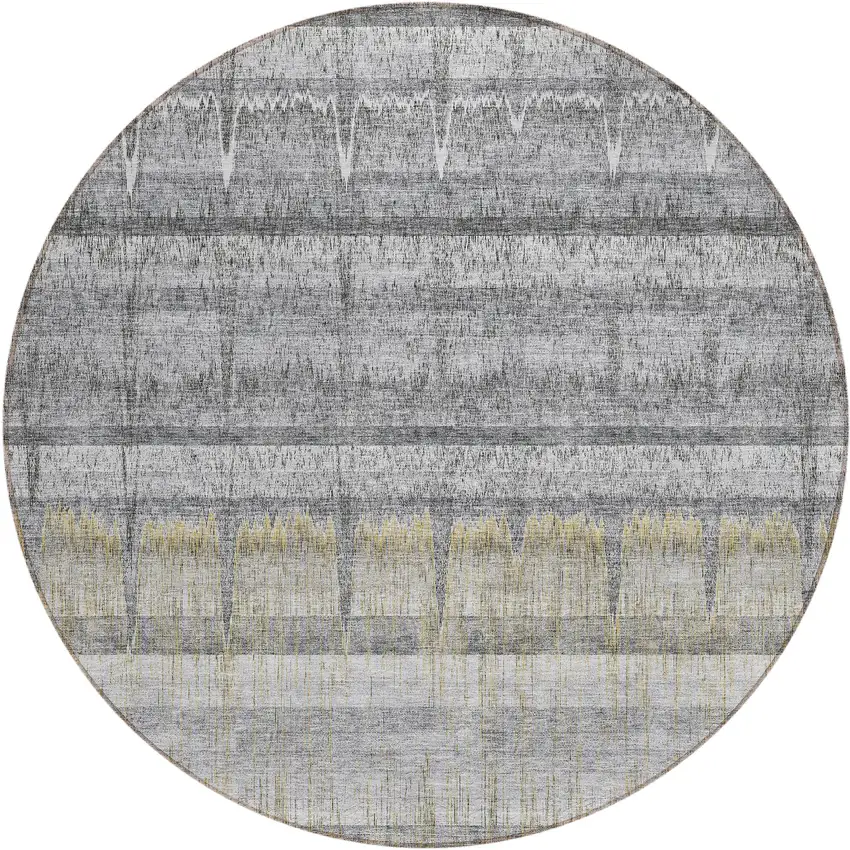 8' Gray Silver And Charcoal Round Striped Washable Indoor Outdoor Area Rug Photo 1