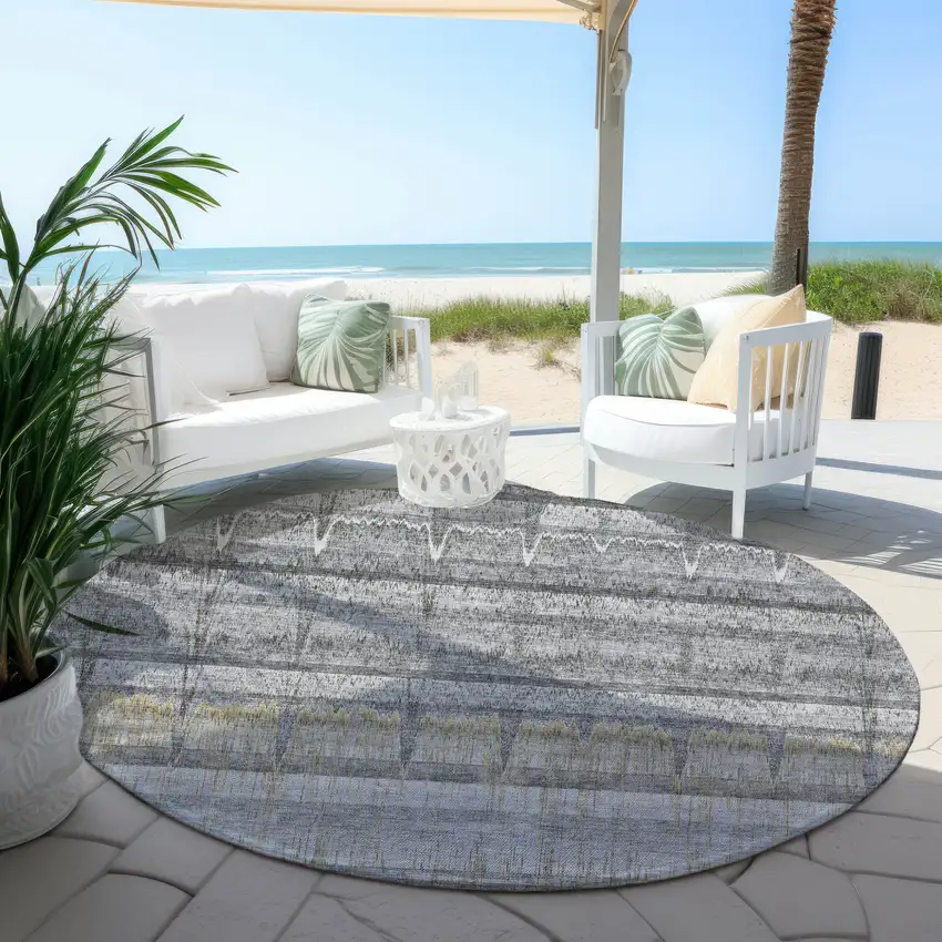 8' Gray Silver And Charcoal Round Striped Washable Indoor Outdoor Area Rug Photo 5