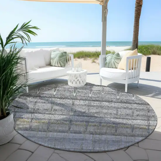 8' Gray Silver And Charcoal Round Striped Washable Indoor Outdoor Area Rug Photo 5
