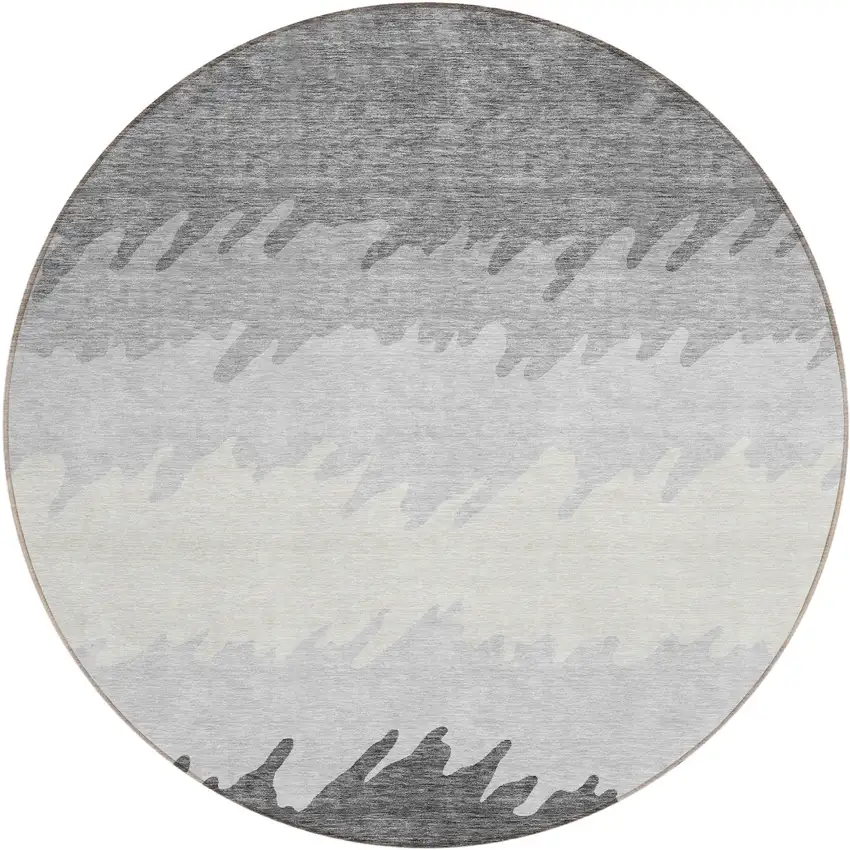 8' Gray Silver And Charcoal Round Striped Washable Indoor Outdoor Area Rug Photo 1