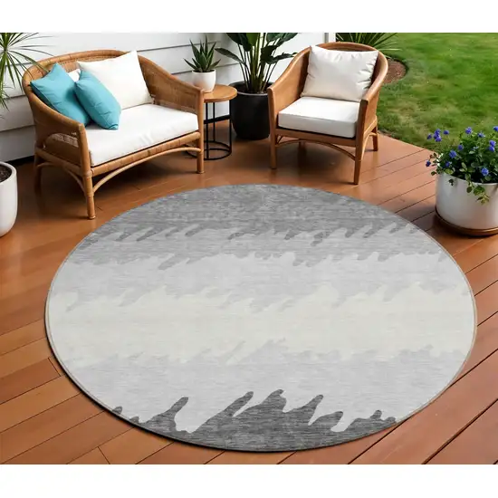 8' Gray Silver And Charcoal Round Striped Washable Indoor Outdoor Area Rug Photo 1