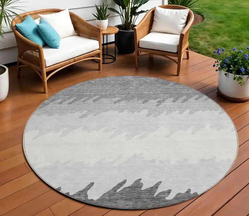 8' Gray Silver And Charcoal Round Striped Washable Indoor Outdoor Area Rug Photo 1