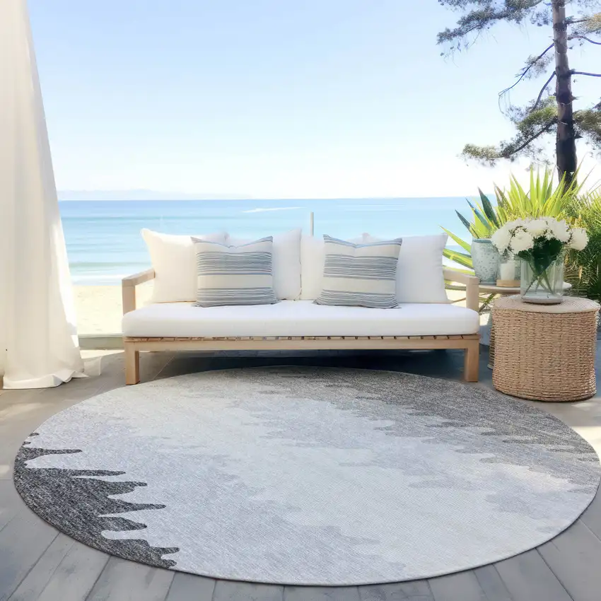 8' Gray Silver And Charcoal Round Striped Washable Indoor Outdoor Area Rug Photo 6