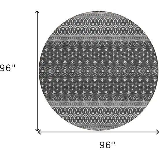 8' Gray Silver And Charcoal Round Tribal Washable Indoor Outdoor Area Rug Photo 8