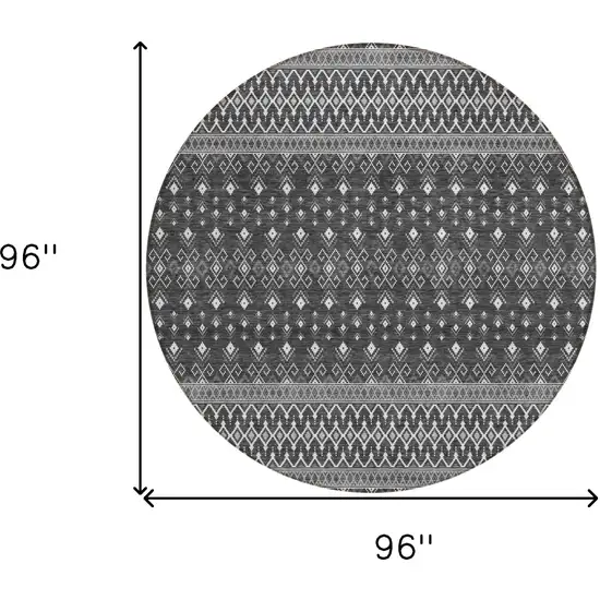 8' Gray Silver And Charcoal Round Tribal Washable Indoor Outdoor Area Rug Photo 8