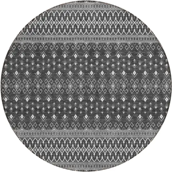 8' Gray Silver And Charcoal Round Tribal Washable Indoor Outdoor Area Rug Photo 1