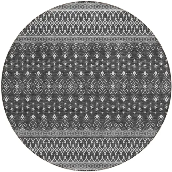 8' Gray Silver And Charcoal Round Tribal Washable Indoor Outdoor Area Rug Photo 1